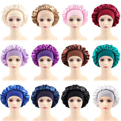Women's Satin Solid Bonnets Wide-brimmed Night Sleeping Bathing Hat Unisex Head Wrap Elastic Band Cap Hair Care Bonnet
