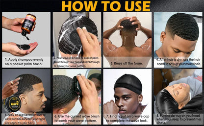 Wave Pomade 360 Wash Shampoo Kit for Men Black Strong Hold Deep Sport Waves Training Hair Cream Wavy Layered Control Silky Shine