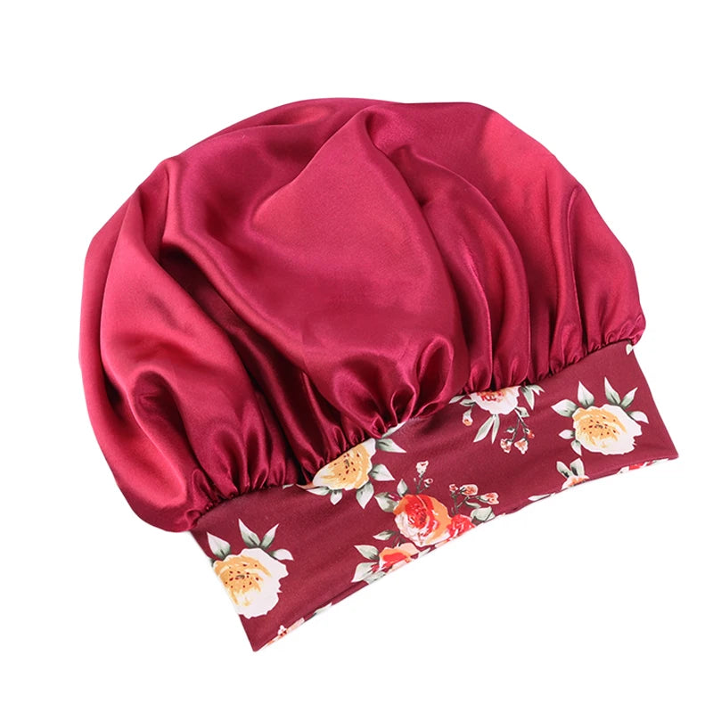 Women Extra Large Silky Satin Hair Bonnet Thick Hair Sleep Cap Elastic Band Beanie African Headwrap Flower Turban Chemo Caps