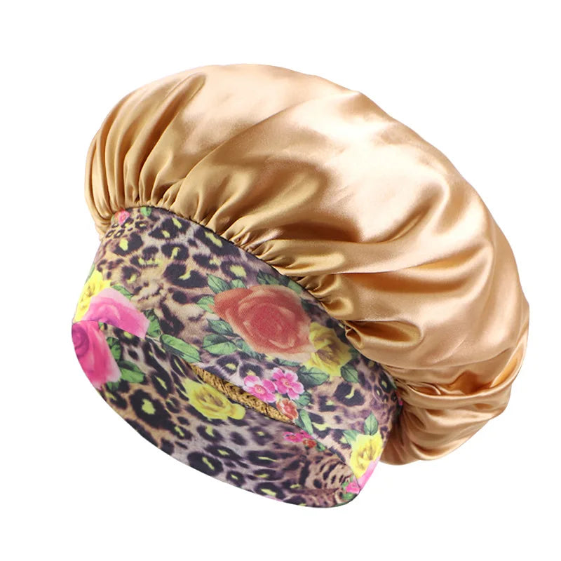 Women's Satin Solid Sleeping Hat Night Sleep Hair Care Bonnet Nightcap Silky Shower Caps Elastic Flower Print Band Unisex Cap