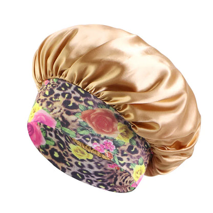Women's Satin Solid Sleeping Hat Night Sleep Hair Care Bonnet Nightcap Silky Shower Caps Elastic Flower Print Band Unisex Cap