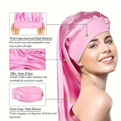 1Pc Simulated Silk Sleeping Hat Curly Hair Oversized Hat Braided Satin Hat Women's Silk Long Barrel Elastic Hairband Hat