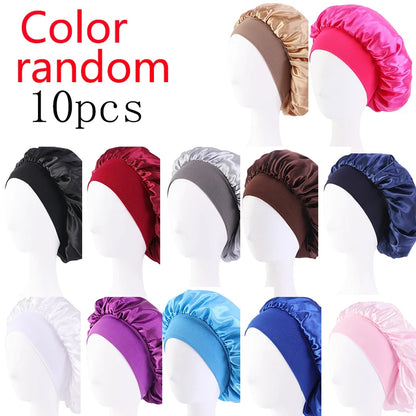 Women Satin Bonnet Hair Bonnet for Sleeping Hair Care Silk Bonnets Solid Wide-brimmed Sleeping Hat with Elastic Soft Band