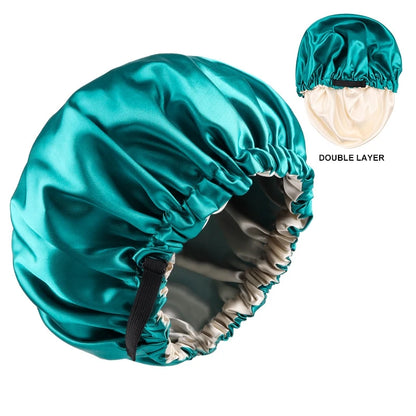 Adjustable Double Layer Satin Bonnet Nightcap Doubleside Women Round Shower Caps Night Sleep Soft Smooth Hat Solid Black Lining