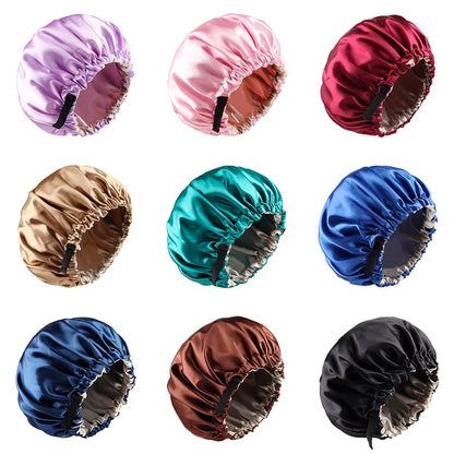 Adjustable Double Layer Satin Bonnet Nightcap Doubleside Women Round Shower Caps Night Sleep Soft Smooth Hat Solid Black Lining