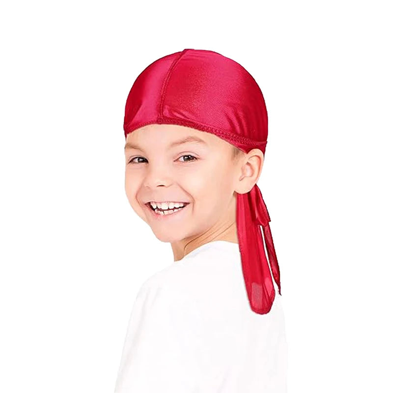 ZZ Silky Durag For Kids Boys Adult Long Tailed Pirate Hat Hip-Hop Bandanas Doo Rag Turban Waves Cap Headwear Pre-Tied Headwrap