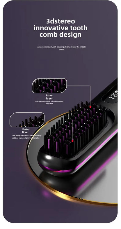 LCD Straight Hair Comb Portable Travel Hair Straightener Anti-Scald Heated Styling Brush USB Charging Cordless Hair Straightener