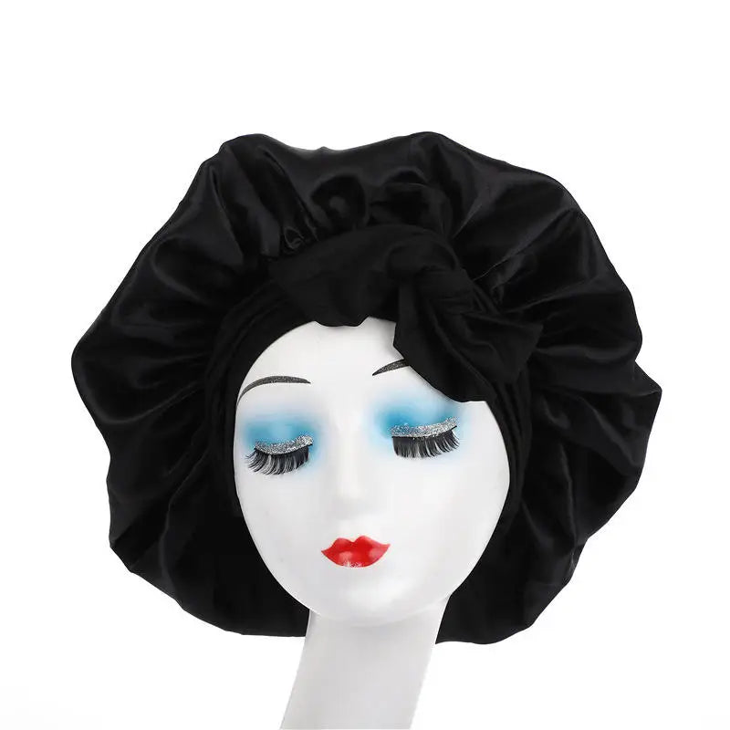 New Elegant Satin Lined Bonnet Double Layered Ribbon Round Hat Wide Brimmed Bath Hat Black Sleep Cap for Women Curly Hair