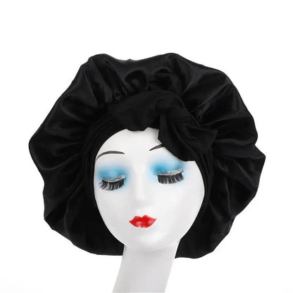 New Elegant Satin Lined Bonnet Double Layered Ribbon Round Hat Wide Brimmed Bath Hat Black Sleep Cap for Women Curly Hair