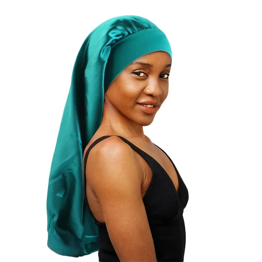1Pc Simulated Silk Sleeping Hat Curly Hair Oversized Hat Braided Satin Hat Women's Silk Long Barrel Elastic Hairband Hat