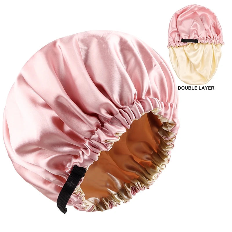Adjustable Double Layer Satin Bonnet Nightcap Doubleside Women Round Shower Caps Night Sleep Soft Smooth Hat Solid Black Lining