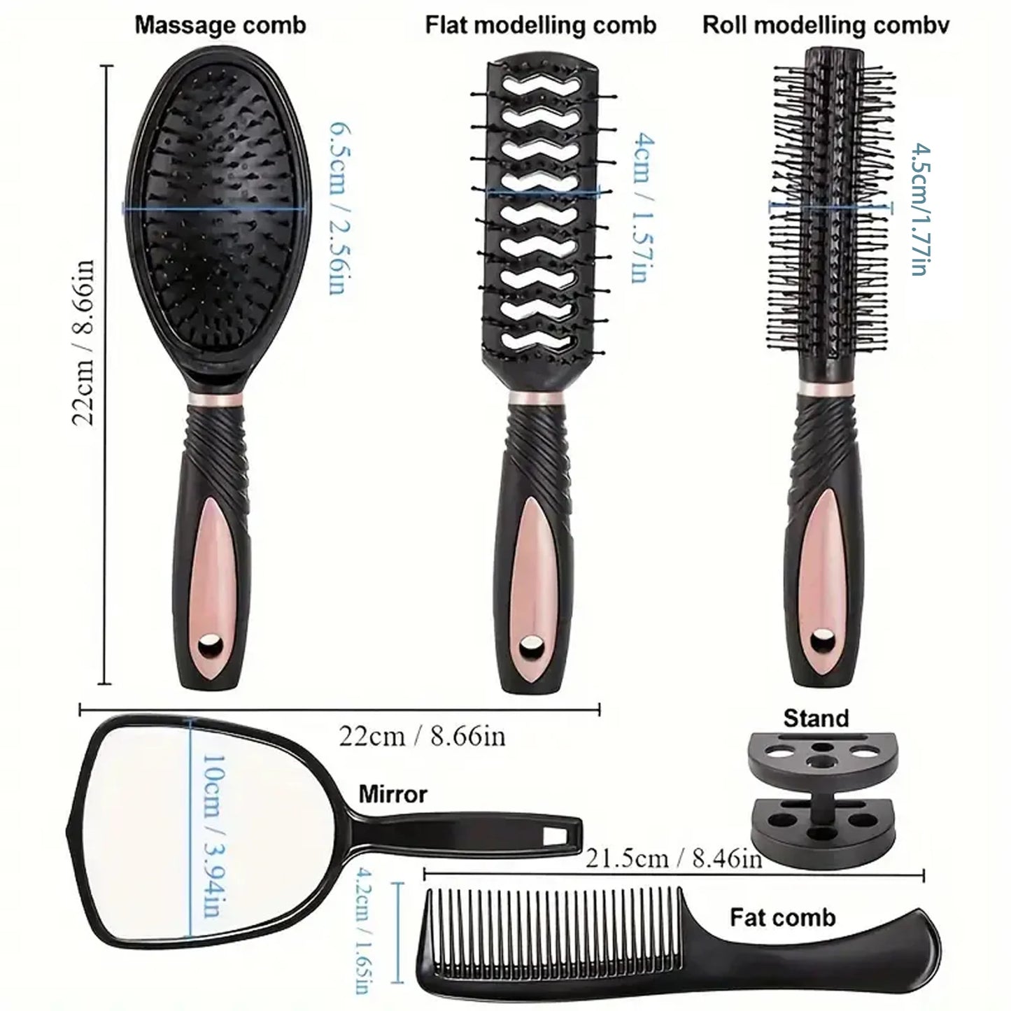 5-Pack Comb Brush Set Professional Massage Comb Cosmetic Hair Styling Tool Set With Mirror Hair Brush Holder