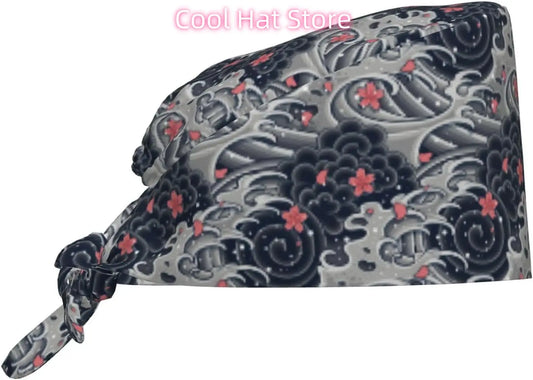 Japanese Wave Cherry Blossoms Working Cap Scrub Cap with Sweatband Adjustable Unisex Women Tie Back Hat Nurse  Caps