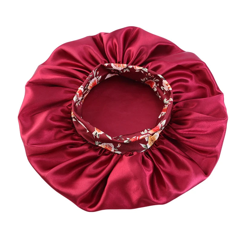 Women Extra Large Silky Satin Hair Bonnet Thick Hair Sleep Cap Elastic Band Beanie African Headwrap Flower Turban Chemo Caps