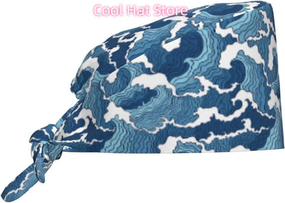 Japanese Wave Working Cap Scrub Cap with Sweatband Adjustable Unisex Women Tie Back Hat Nurse  Caps