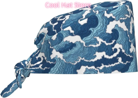 Japanese Wave Working Cap Scrub Cap with Sweatband Adjustable Unisex Women Tie Back Hat Nurse  Caps