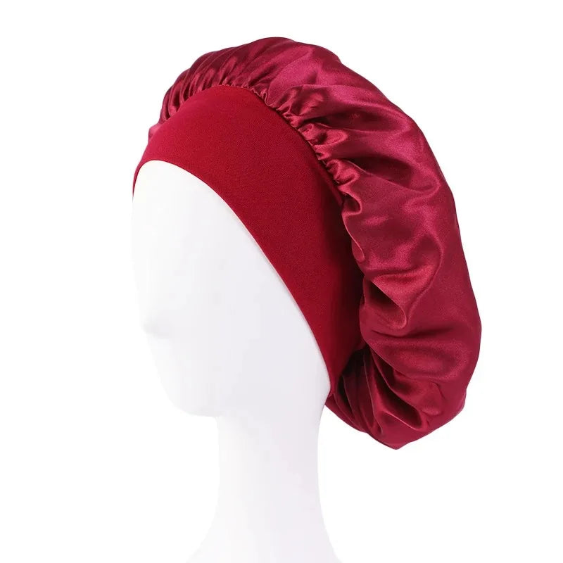 Women Satin Bonnet Hair Bonnet for Sleeping Hair Care Silk Bonnets Solid Wide-brimmed Sleeping Hat with Elastic Soft Band
