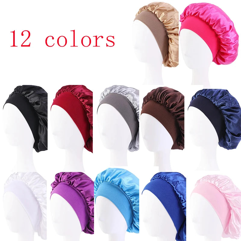 Women Satin Bonnet Hair Bonnet for Sleeping Hair Care Silk Bonnets Solid Wide-brimmed Sleeping Hat with Elastic Soft Band