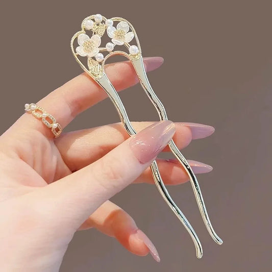 U자비녀 Pearl Flower Hairpin New Chinese Modern Simple Updo U-shaped Hairpin Hanfu Hair Accessory Hula Girl Hair Accessories 2025