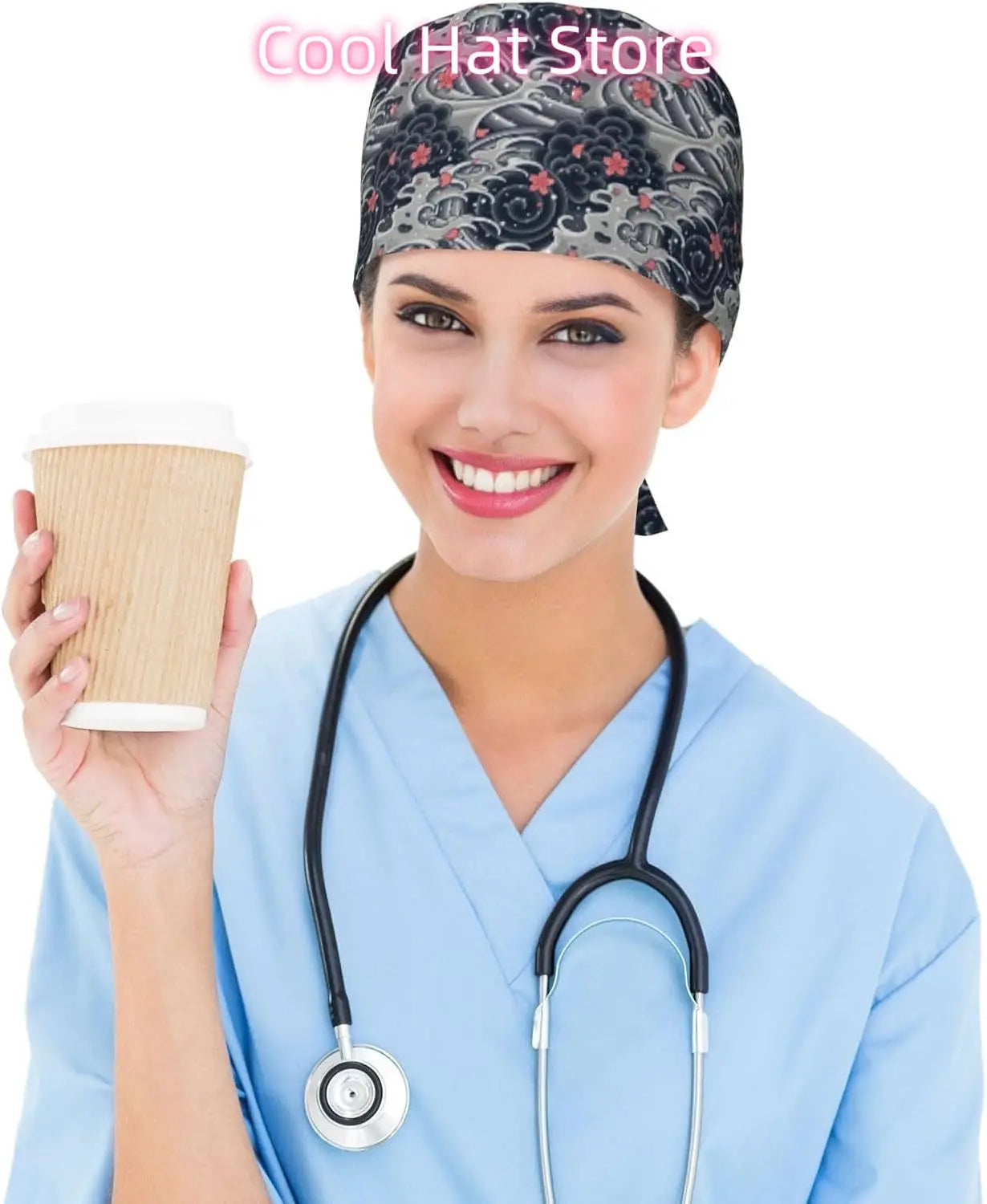 Japanese Wave Cherry Blossoms Working Cap Scrub Cap with Sweatband Adjustable Unisex Women Tie Back Hat Nurse  Caps