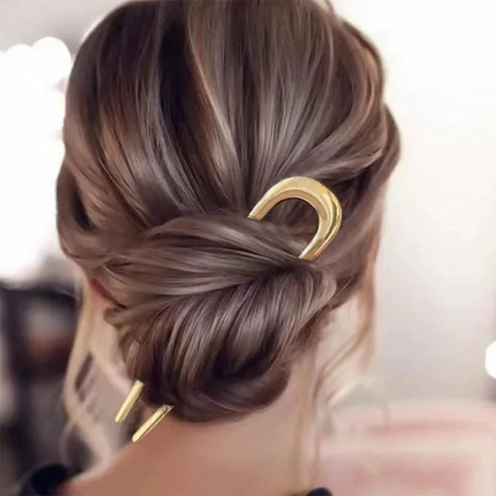 U-Shaped Hair Fork Elegant Golden Silver-color Alloy Long Thick Hair Updo Bun French Hairpin Stick Women Girls Hair Accessories
