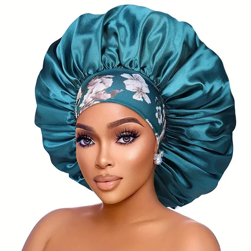 Women Extra Large Silky Satin Hair Bonnet Thick Hair Sleep Cap Elastic Band Beanie African Headwrap Flower Turban Chemo Caps