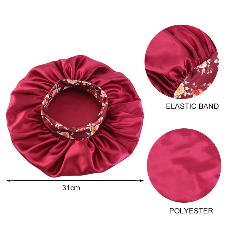Women's Satin Solid Sleeping Hat Night Sleep Hair Care Bonnet Nightcap Silky Shower Caps Elastic Flower Print Band Unisex Cap
