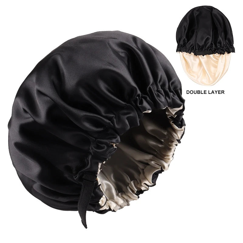 Adjustable Double Layer Satin Bonnet Nightcap Doubleside Women Round Shower Caps Night Sleep Soft Smooth Hat Solid Black Lining