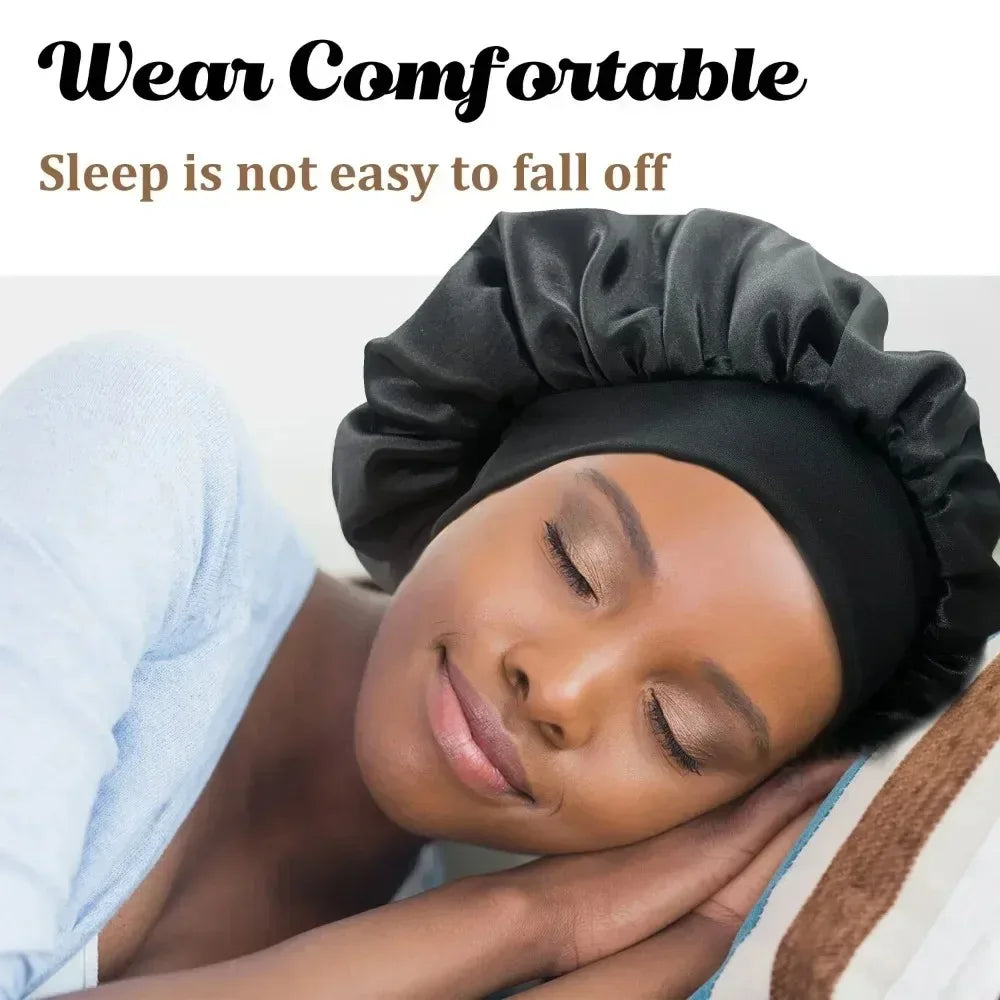 Women Satin Bonnet Hair Bonnet for Sleeping Hair Care Silk Bonnets Solid Wide-brimmed Sleeping Hat with Elastic Soft Band