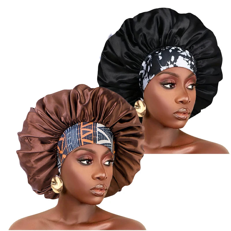 Women Extra Large Silky Satin Hair Bonnet Thick Hair Sleep Cap Elastic Band Beanie African Headwrap Flower Turban Chemo Caps