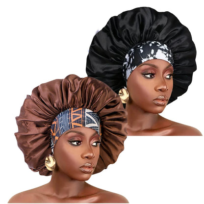 Women Extra Large Silky Satin Hair Bonnet Thick Hair Sleep Cap Elastic Band Beanie African Headwrap Flower Turban Chemo Caps