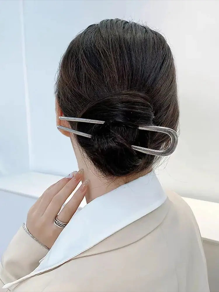 U-Shaped Hair Fork Elegant Golden Silver-color Alloy Long Thick Hair Updo Bun French Hairpin Stick Women Girls Hair Accessories