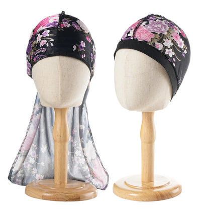 Unisex 2PCS/Set Printed Wave Caps With Durag for Men Women Head Wrap Beanie Turban Cap Headwrap Bonnet Hair Accessories Bandanas