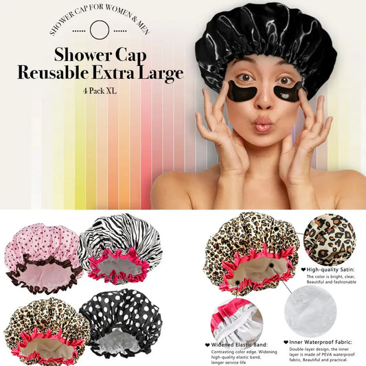 4 Pieces Shower Cap for Women Satin Waterproof, Shower Cap for Women Waterproof, Elastic and Reusable Double Layered Shower Caps