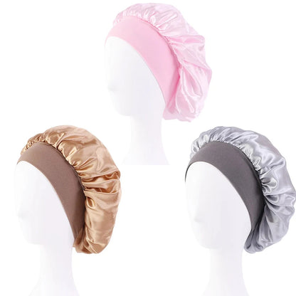 Women Satin Bonnet Hair Bonnet for Sleeping Hair Care Silk Bonnets Solid Wide-brimmed Sleeping Hat with Elastic Soft Band