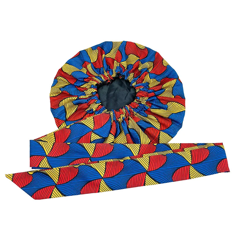 Elastic Band Large Satin Bonnet Sleeping Cap Women African Pattern Ankara Print Hat Adjustable Night Sleep Cap Soft Headcover