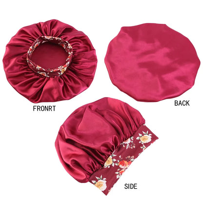 Women Extra Large Silky Satin Hair Bonnet Thick Hair Sleep Cap Elastic Band Beanie African Headwrap Flower Turban Chemo Caps