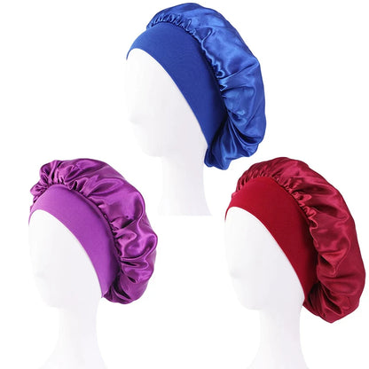 Women Satin Bonnet Hair Bonnet for Sleeping Hair Care Silk Bonnets Solid Wide-brimmed Sleeping Hat with Elastic Soft Band