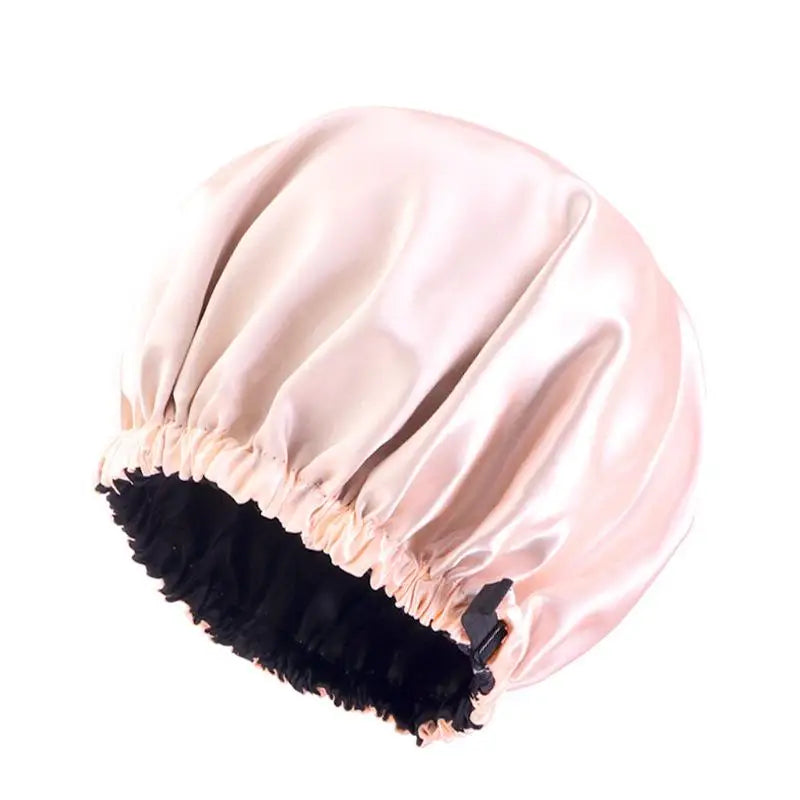 Adjustable Double Layer Satin Bonnet Nightcap Doubleside Women Round Shower Caps Night Sleep Soft Smooth Hat Solid Black Lining