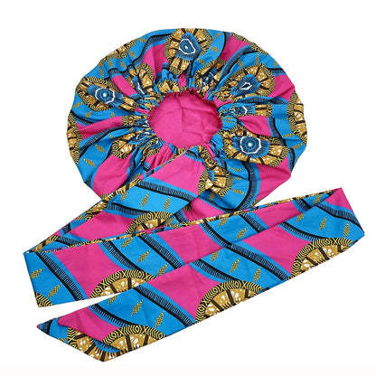 Elastic Band Large Satin Bonnet Sleeping Cap Women African Pattern Ankara Print Hat Adjustable Night Sleep Cap Soft Headcover