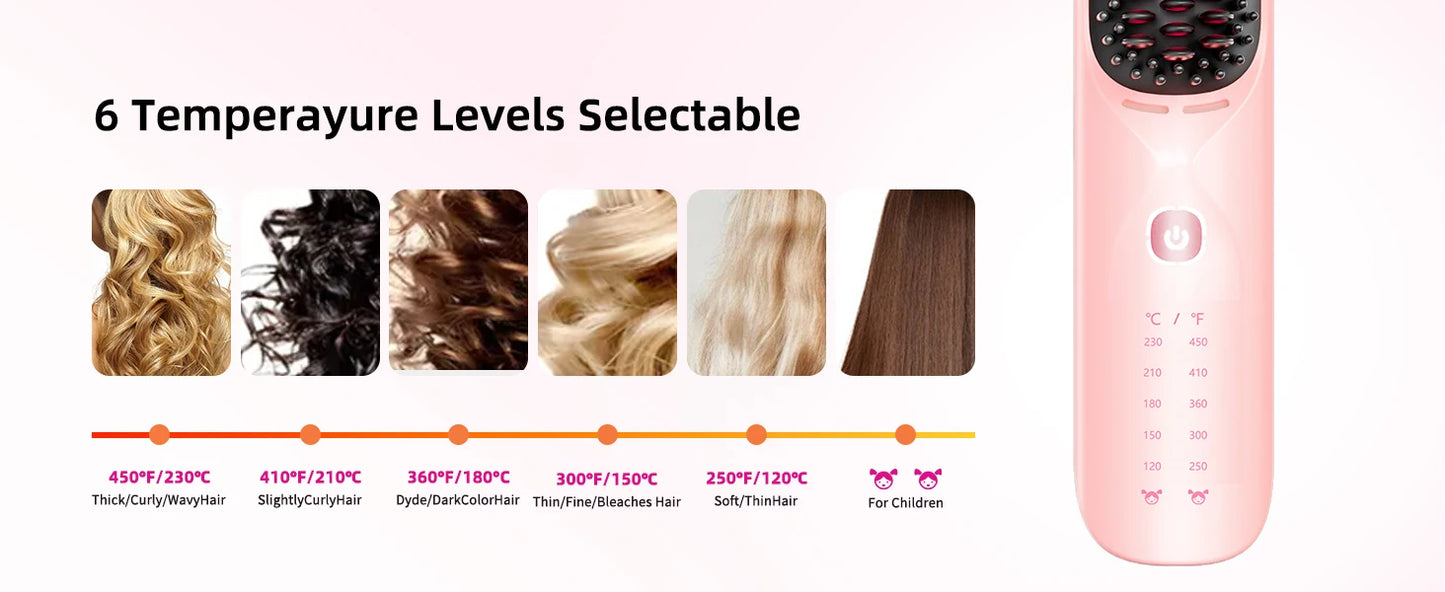 Cordless Hair Straightener Portable Brush 30s Fast Heating 10000mAh Rechargeable 300 Million Negative Ions Straightening Comb