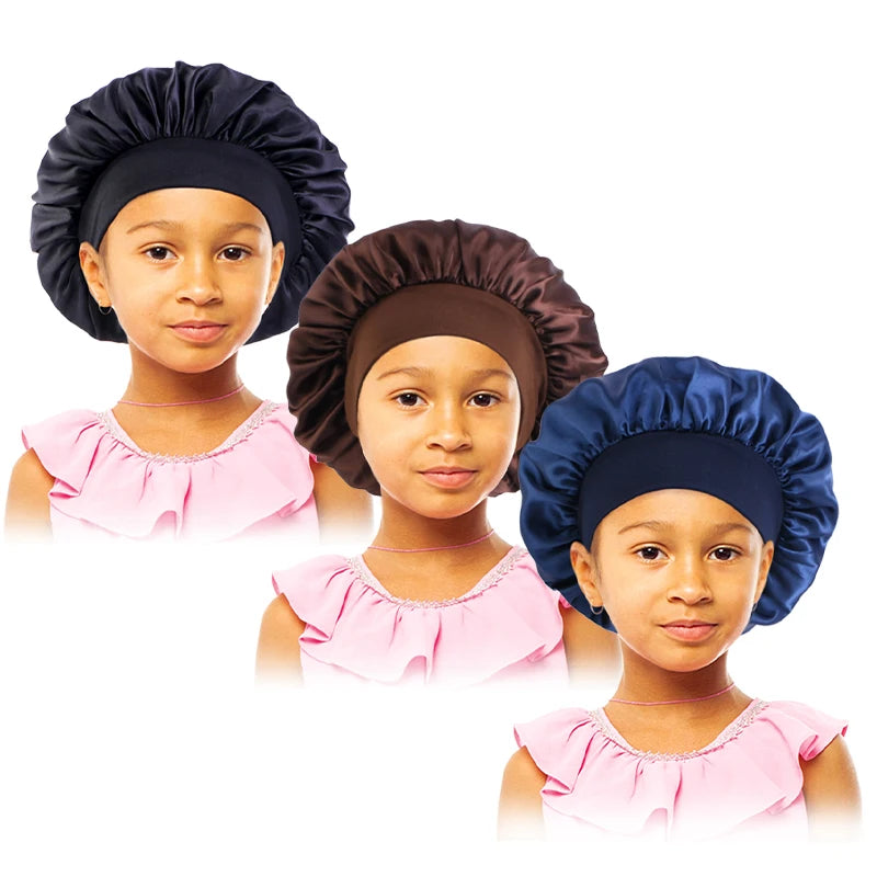 3pcs/lot Baby Stertchy Band Stain Bonnet Silk Wide Band Sleeping Cap Kids Turban Night Hat Care Beanie Silky Solid Color Turban