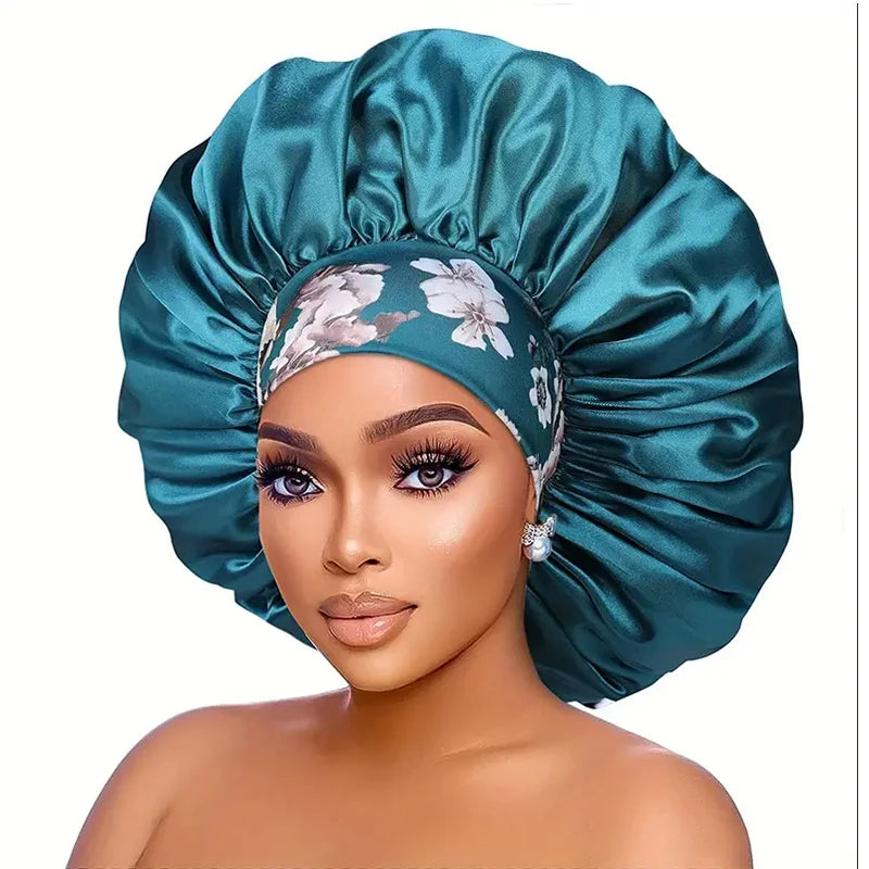 Women Extra Large Silky Satin Hair Bonnet Thick Hair Sleep Cap Elastic Band Beanie African Headwrap Flower Turban Chemo Caps