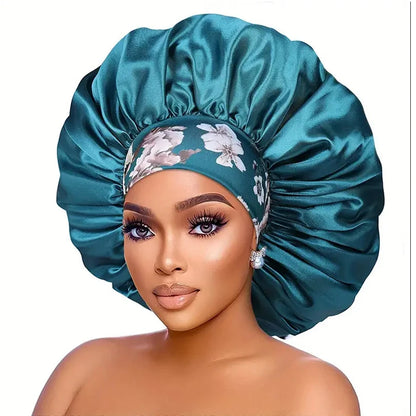 Women Extra Large Silky Satin Hair Bonnet Thick Hair Sleep Cap Elastic Band Beanie African Headwrap Flower Turban Chemo Caps