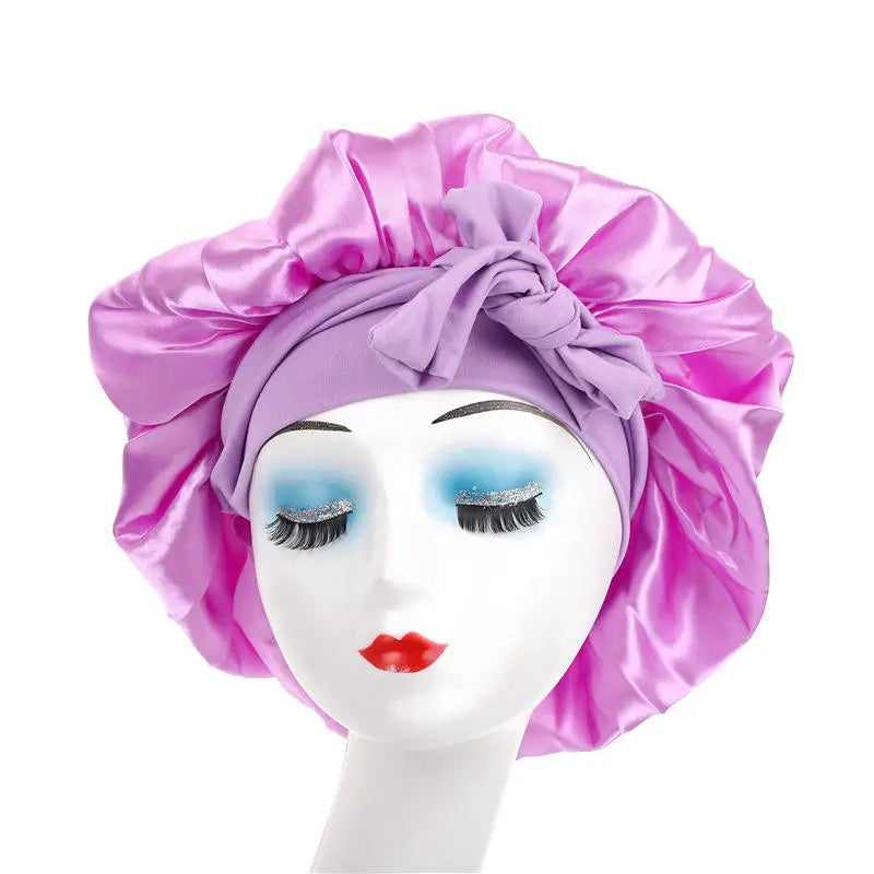 New Elegant Satin Lined Bonnet Double Layered Ribbon Round Hat Wide Brimmed Bath Hat Black Sleep Cap for Women Curly Hair