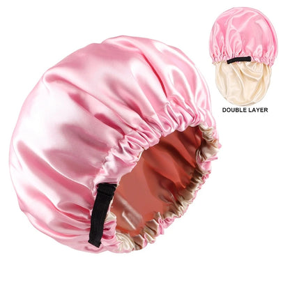 Adjustable Double Layer Satin Bonnet Nightcap Doubleside Women Round Shower Caps Night Sleep Soft Smooth Hat Solid Black Lining