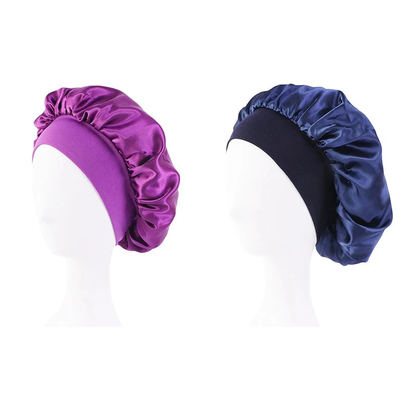 Women Satin Bonnet Hair Bonnet for Sleeping Hair Care Silk Bonnets Solid Wide-brimmed Sleeping Hat with Elastic Soft Band
