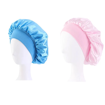 Women Satin Bonnet Hair Bonnet for Sleeping Hair Care Silk Bonnets Solid Wide-brimmed Sleeping Hat with Elastic Soft Band