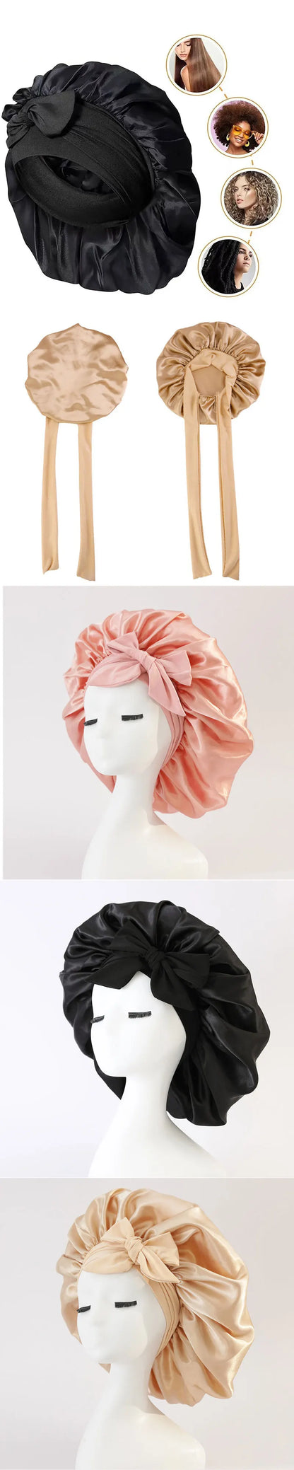 New Silk Bonnet for Sleeping Women Satin Bonnet Hair Bonnet night sleep cap scarf wrap for curly hair With Tie Band for Curly Gi