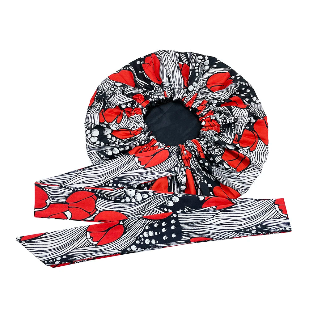 Elastic Band Large Satin Bonnet Sleeping Cap Women African Pattern Ankara Print Hat Adjustable Night Sleep Cap Soft Headcover